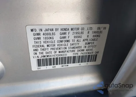 2007 Honda Accord 2.4 Vp from USA, damaged, VIN JHMCM56167C006231